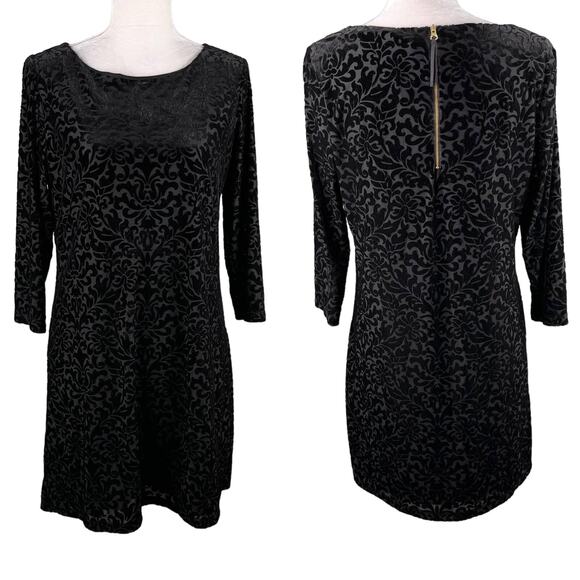 Adrienne Vittadini Dress Black Large Embossed Velvet 3/4 Sleeves Back Zip - Picture 1 of 14